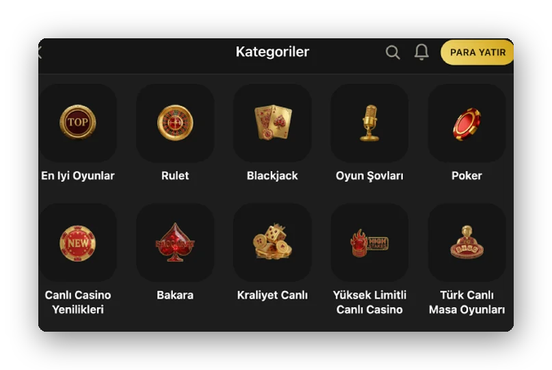Rulet, blackjack, poker simgeleri Casino kategori menüsü yakından görünüm: rulet, blackjack, oyun programı ve poker simgeleri