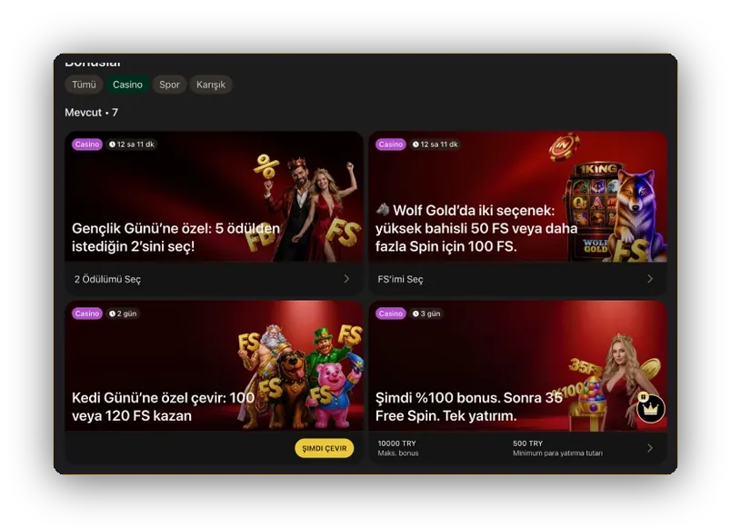 Bonus listesi, üç filtre Bonus listesi yakından görünüm: Tümü, Casino ve Spor filtreleri ile dört casino teklif kartı