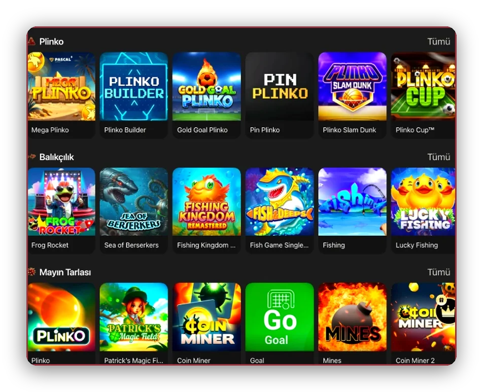 Plinko ve Maya temaları Plinko, balık tutma oyunları ve Maya temalı slot satırları yakından görünüm