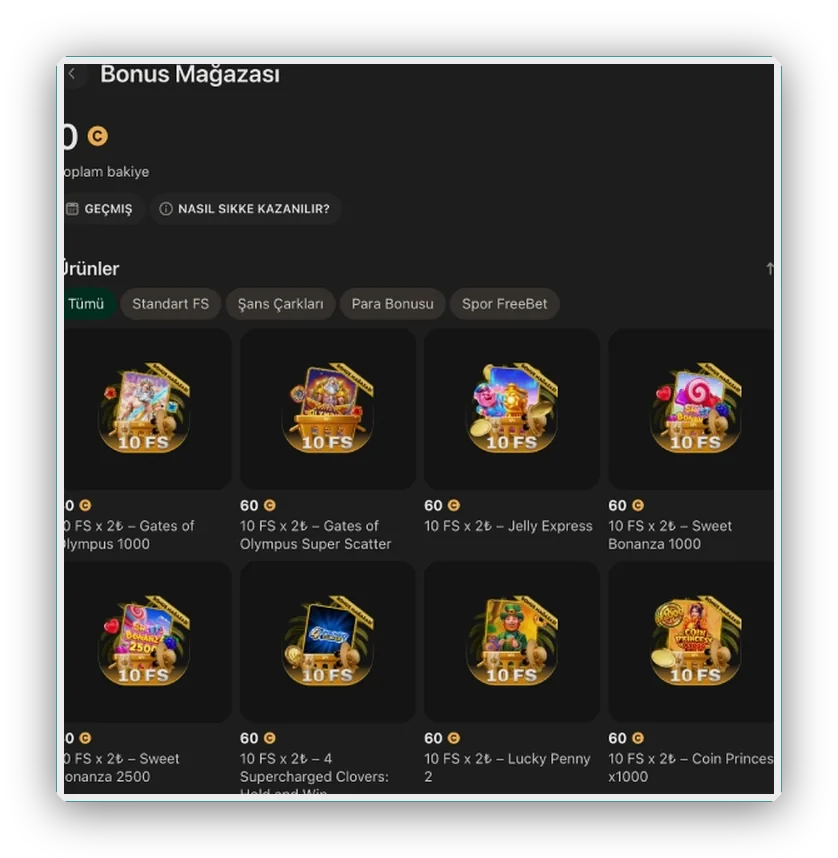 Bonus Mağazası yakından görünüm: jeton bakiyesi ve slot kutuları üzerinde free spin teklifleri