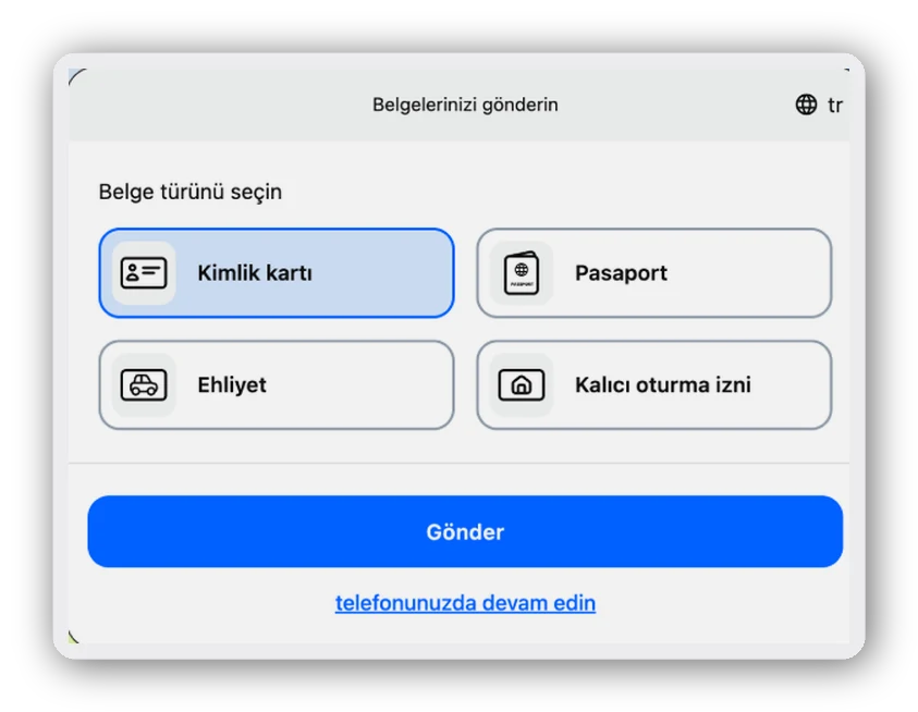 Kimlik belgesi türleri Belge türü seçimi yakından görünüm: kimlik kartı, pasaport, ehliyet ve oturma izni seçenekleri