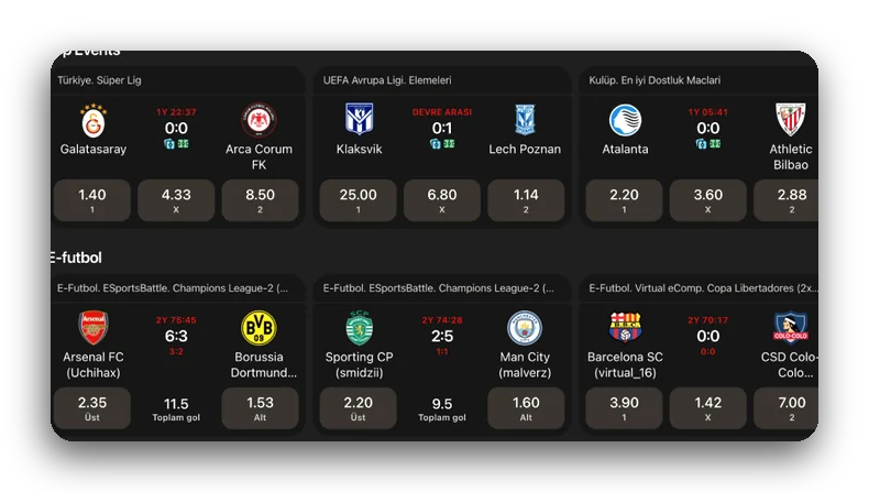 Top Events listesi yakından görünüm: futbol karşılaşmaları ve 1 X 2 oran butonları