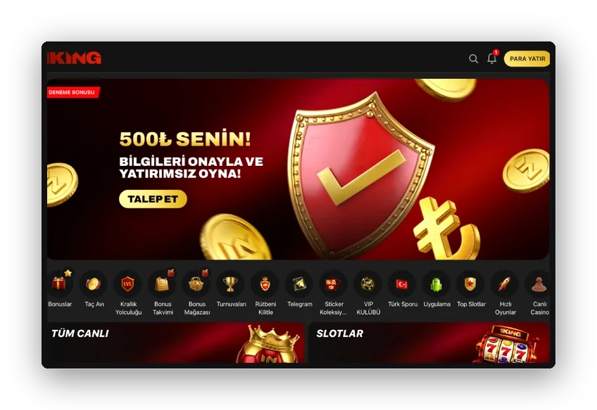 Deneme bonusu kartı Deneme bonusu bannerı yakından görünüm: kalkan amblemi, 500 TL tutarı ve talep butonu