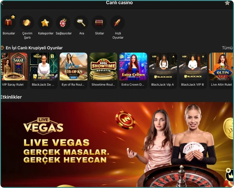 Canlı casino lobisi görünümü Canlı casino lobisi yakından görünüm: promosyon bannerının altında en iyi canlı oyunlar listesi