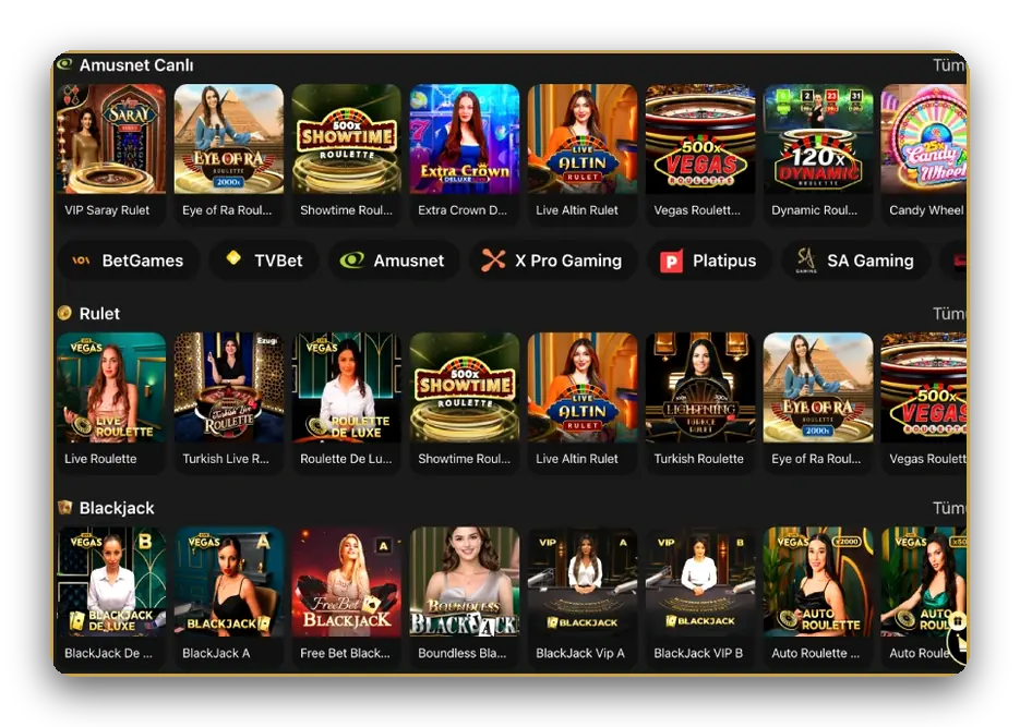 Stüdyo bazlı canlı masalar Stüdyoya göre sıralanmış canlı casino satırları yakından görünüm: rulet ve blackjack masaları