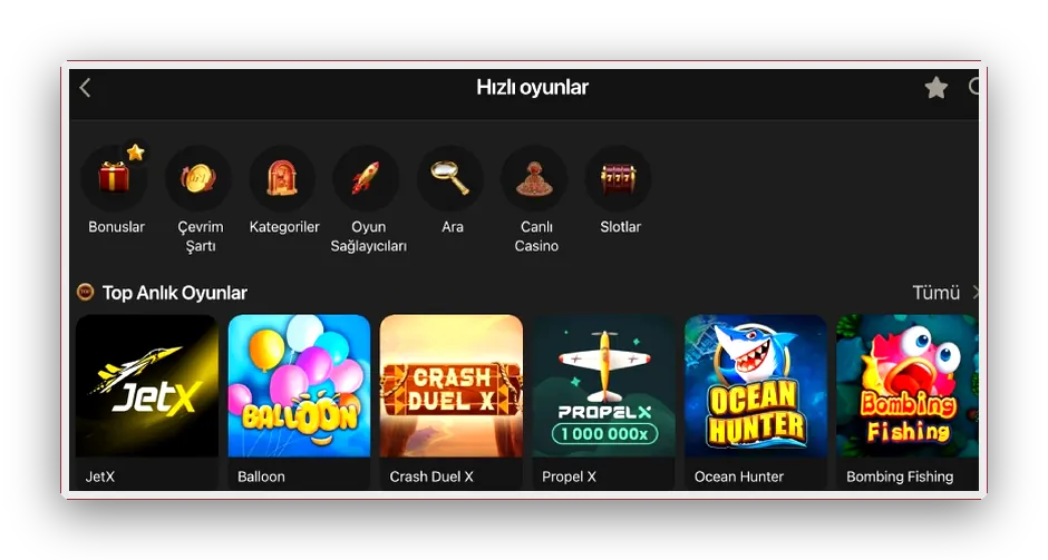 Hızlı oyunlar Hızlı oyunlar satırı yakından görünüm: JetX, Balloon, Crash Duel X ve Propeller kutuları
